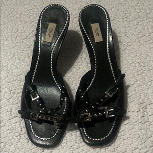 Prada Black Kitten Heeled Sandals with Buckle Accents